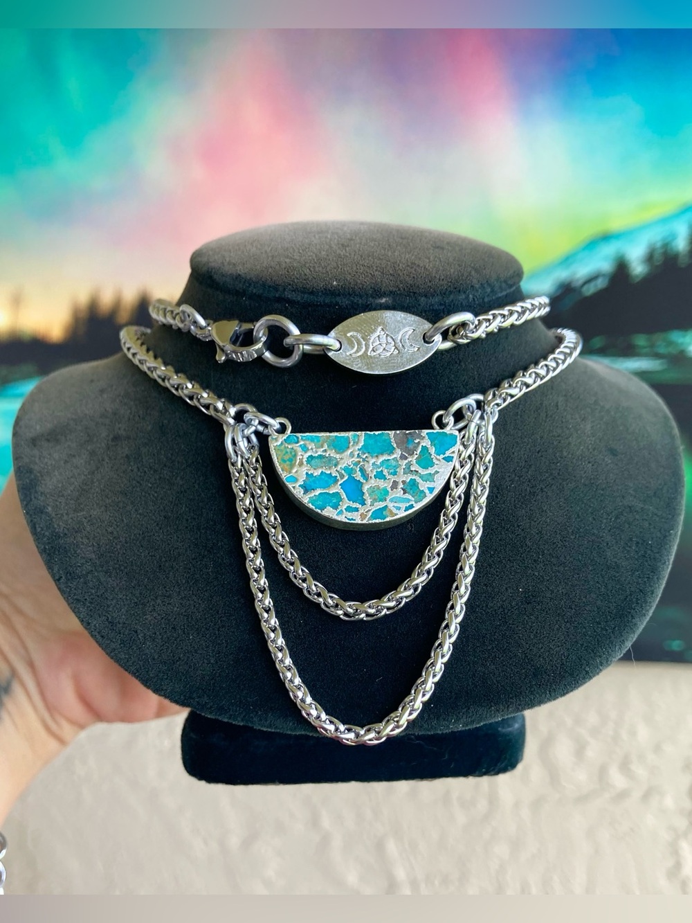 Handmade Genuine blue turquoise boho charm silver dangly chain necklace .